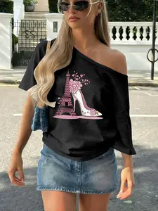 Asymmetric T-Shirt with Pink Eiffel Tower & Floral High Heel Print - Summer Casual Cute Loose Short Sleeve, Easy-Care Comfortable Versatile Daily Womenswear Top