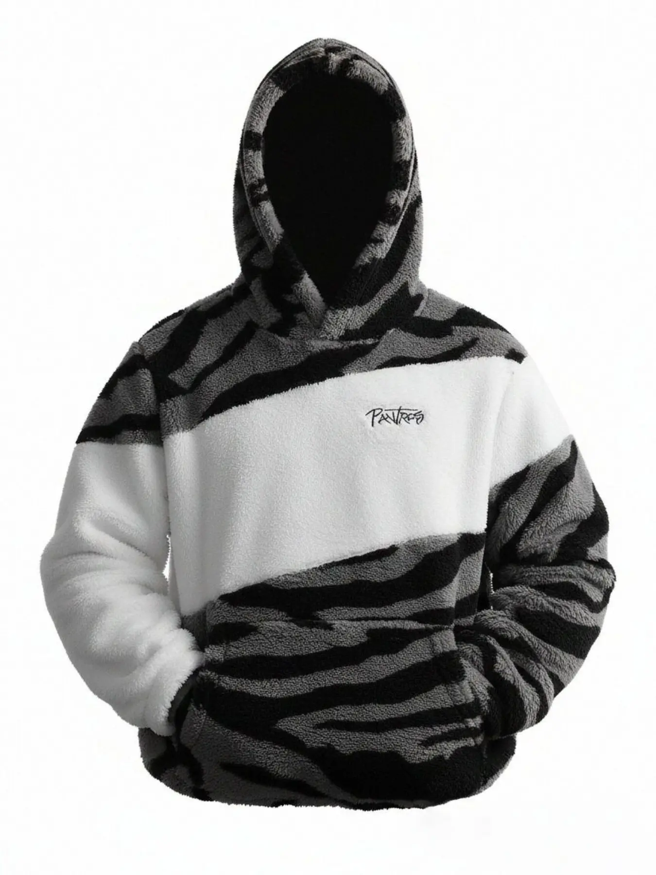 Zebra Striped Fleece Hoodie, Colorblock Stripe Design, Soft Plush Fabric, Embroidered Logo, Casual Streetwear