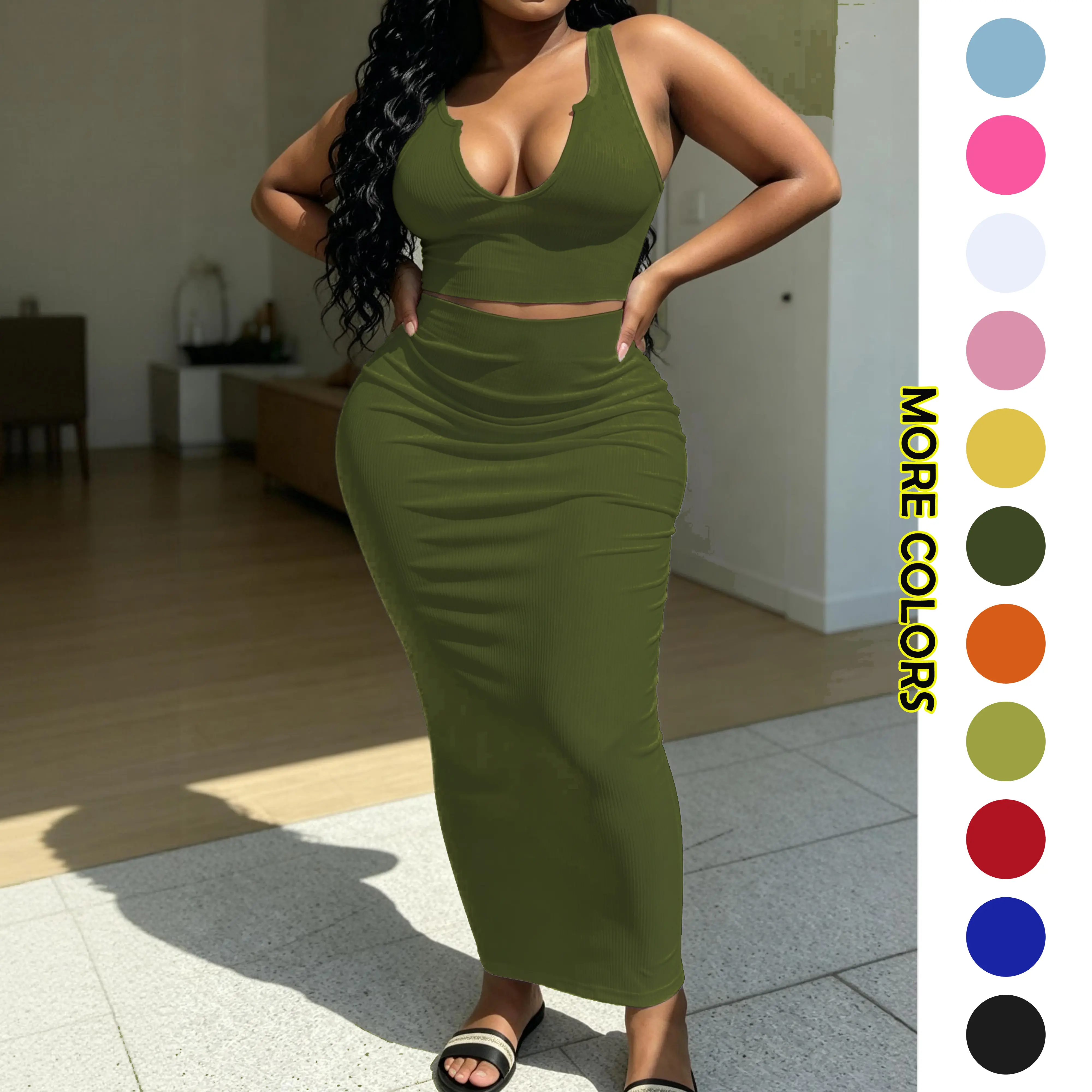MOEENCN Women's Solid Deep U-neck Crop Tank Top & Elastic Waist Dresses, Summer Clothes, Mufti Clothes, Workout Set, Sweatsuits for Women,  Apple Shape Outfits, Fall Outfits Clothes Set, Please Purchase A Size Up,deep V Casual Womenswear Tanktop Gamis sum