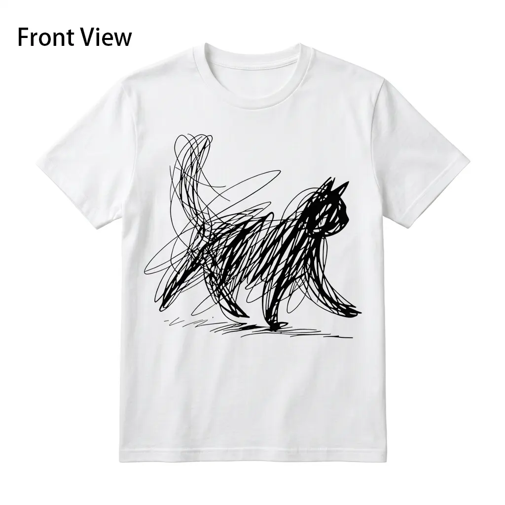 Unisex Cotton Crew Neck Denim Short-Sleeve Cargo Sports T-Shirt - Casual Fashion Clothing, Sporty Chic, Regular Fit, Abstract Cat Line-Drawing Graphic, Streetwear, All Seasons, Daily Commutes, Print, Shortsleeve, Standard Crew, Skin-Friendly, Round, Round