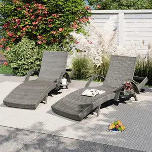 Set of 2 Reclining Chaise Lounge with Pull-Out Side Table, 80'' Outdoor Wicker Lounge Chairs Adjustable Backrest Patio Rattan Recliner for Garden Pool Beach Deck Sunbathing (Grey)