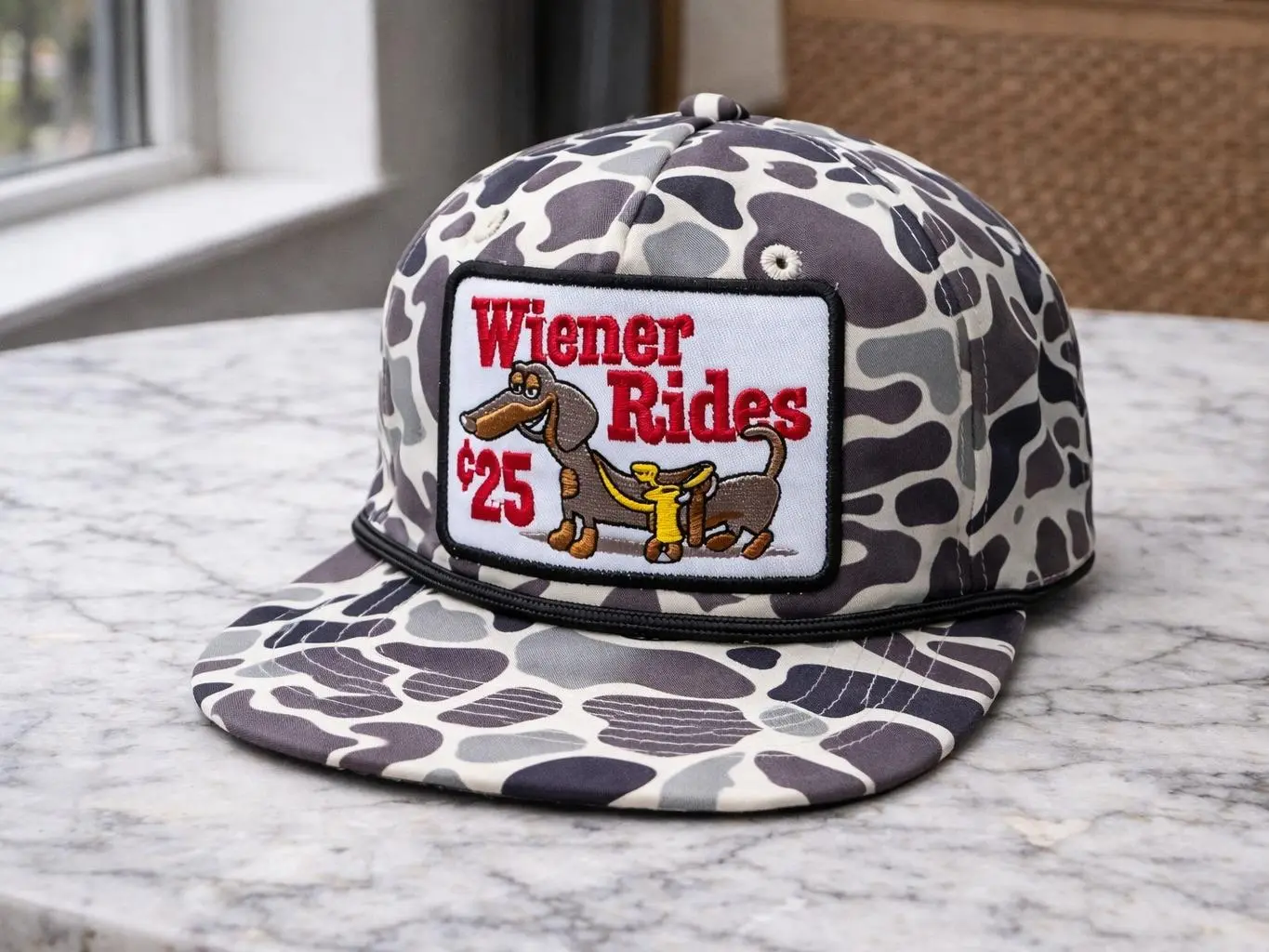 Wiener Rides Dachshund Dog Embroidered Patch Camo Hat, Rope Brim Camouflage Pattern Snapback, Ideal Snapback For Him