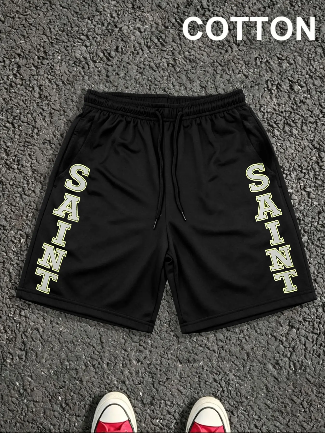 1 PCS Vertical SAINT Varsity Letter Graphic Print, Minimal Vintage Streetwear Athletic Bottoms, Breathable Unisex Shorts For Summer Gym Daily Skate Casual Outfit