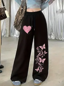 Sweet Cool Heart Butterfly Print Casual Sporty Straight Leg Pants, Elastic Waist Adjustable Drawstring Wide Leg Long Pants for Women, All Seasons, Womenswear