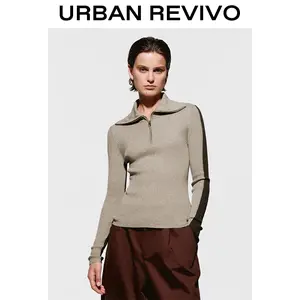 URBAN REVIVO Lady's Elegant Contrast Panel Mock Neck Longsleeves Knitwear Pullover - Casual Cozy Pullover, Women's Tops, Style UWH950148