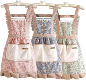 Aprons for Women with Pockets,Comfortable Floral Kitchen Cooking Aprons, Waterproof Cotton Apron with Adjustable Strap & Front Pocket for Kids Kitchen Cover Gift Household Items Flowers Pastel