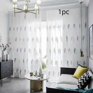 1pc Nordic Style Leaf Embroidered Sheer Curtains, Net Curtains Window, Dustproof Insulating UV Protection Polyester, Creamy Cotton-Like Look, Transparent Non-Privacy