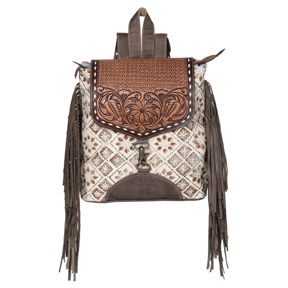 OHLAY Backpack Hand Tooled Upcycled Canvas Genuine Leather Women Bag Western Handbag Purse | for Womens Summer