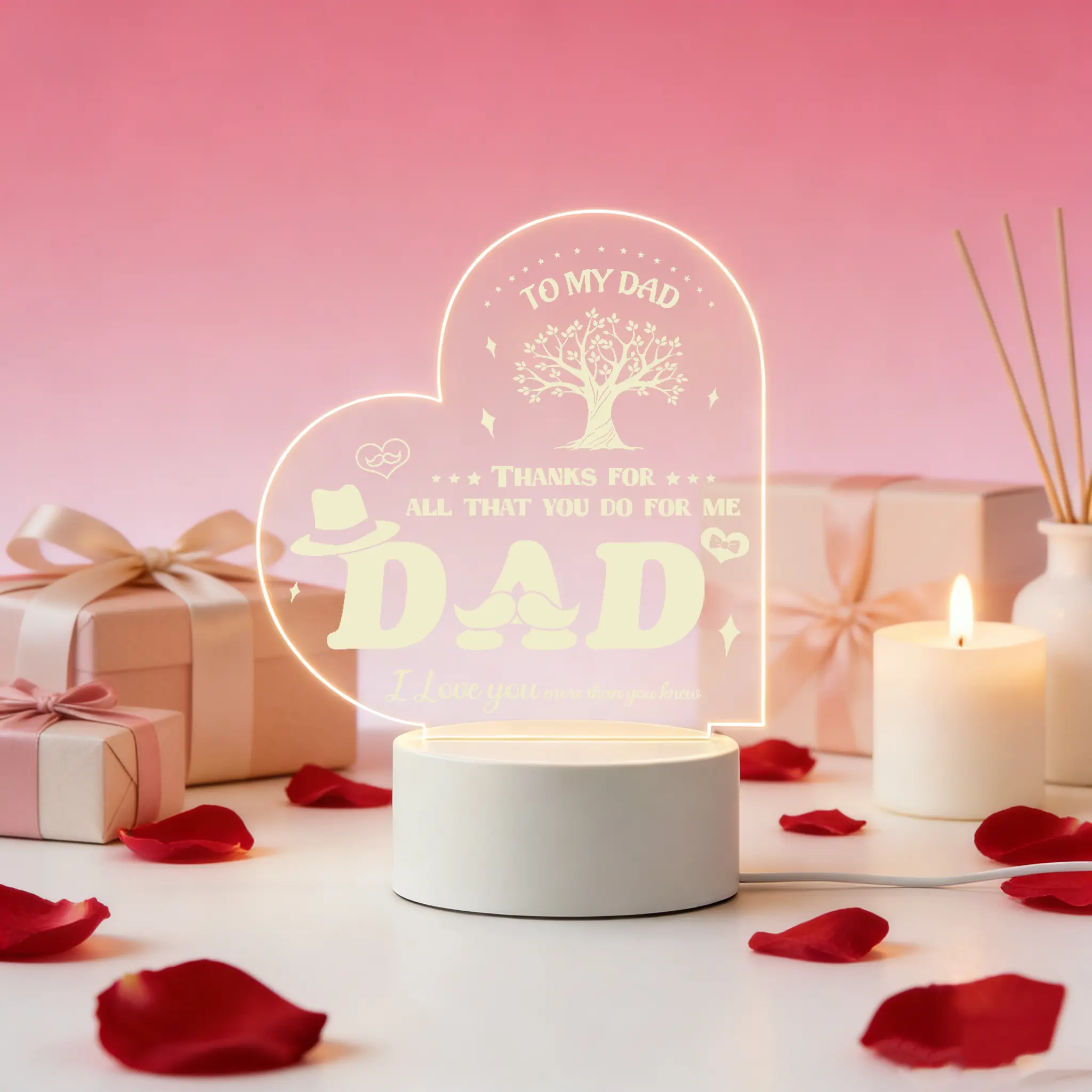 2D Flat Acrylic Heart LED Night Light To My Dad, Father's Day Appreciation Gift, Dad Thank You Sentimental Desk Bedside Lamp With Light Base Floral Lamp Bedroom Led Signs