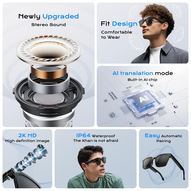 Smart Bluetooth Glasses with Camera, 1080p Video Recording Wearable Glasses, Multifunctional Wireless Audio Glasses with Headphone, Outdoor Sports Camera Sunglasses with Intelligent Voice Assistant, Anti-blue Light Protection Eyeglass