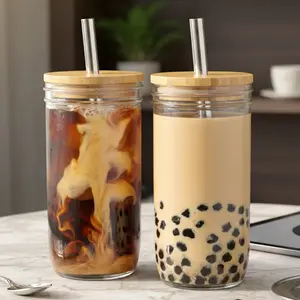Reusable Iced Coffee Cup Set, 2-Pack 24 Oz Glass Cups with Bamboo Lids & Straws, Ideal for Cold Beverages, Durable Drinkware