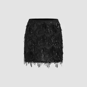 Cider [3 colors, size 2-10] Sequins Tassel Mid Waist Mini Skirt