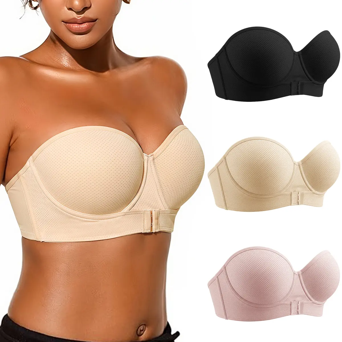 TryWish 1/3PCS Women's Strapless Bandeau Bra Front Closure Push-Up Bra for Small Chest Non Slip