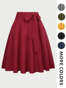 New Spring Summer Women's Solid Color High Waist Slimming Zipper Design Umbrella Hem Bow Belt Dress Elegant Fashion Commuter Versatile