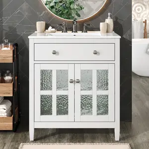 30" Bathroom Vanity with Ceramic Sink, Equipped with Adjustable Shelf and Tip-Out Tray, Bathroom vanity with Solid Wood Legs, Silver Metal Knobs and Soft Close Hinges