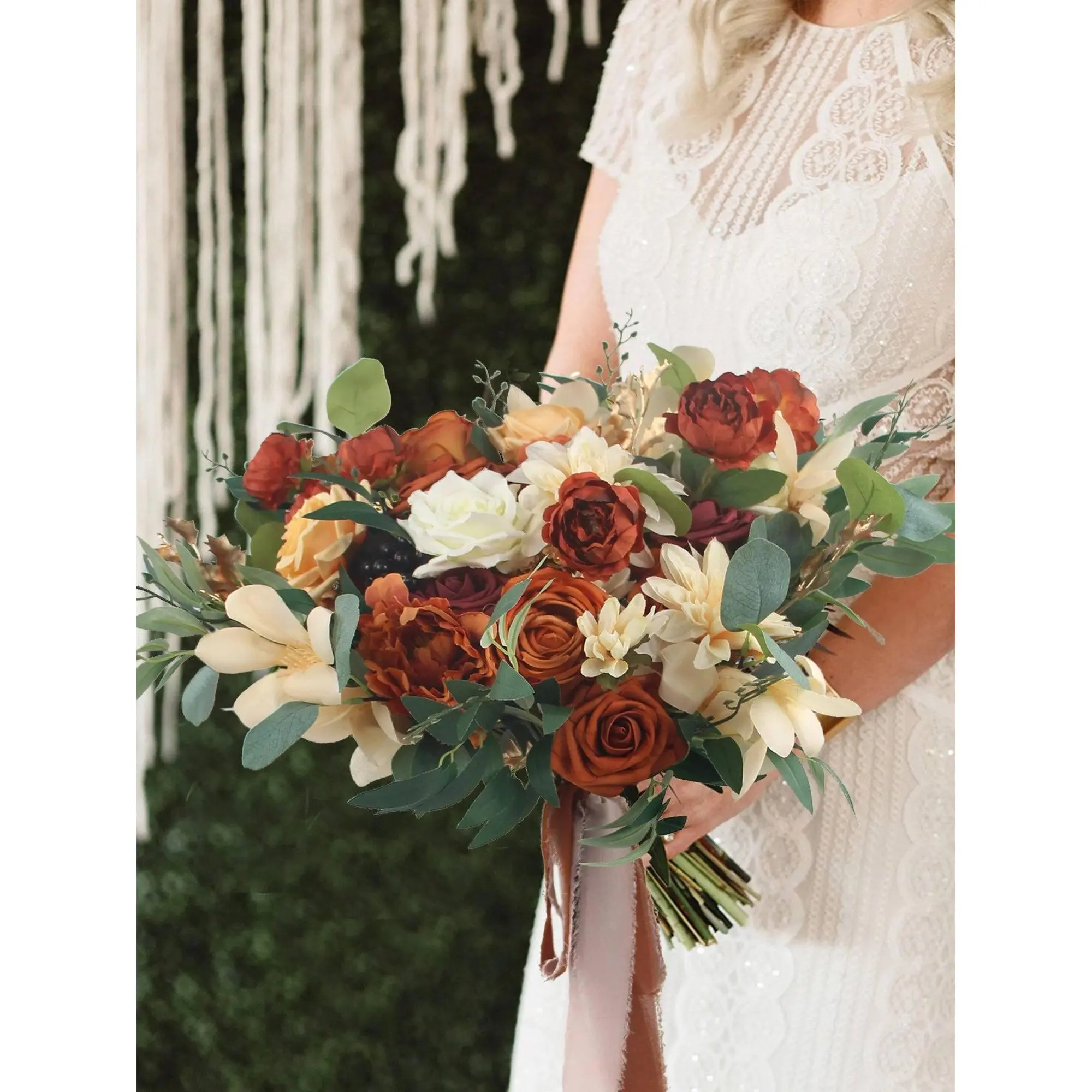 Rinlong 23.5in Wide Terracotta Freeform Bridal Bouquet - Ivory Silk Satin Flowers with Eucalyptus, Wedding Home Festive Decor