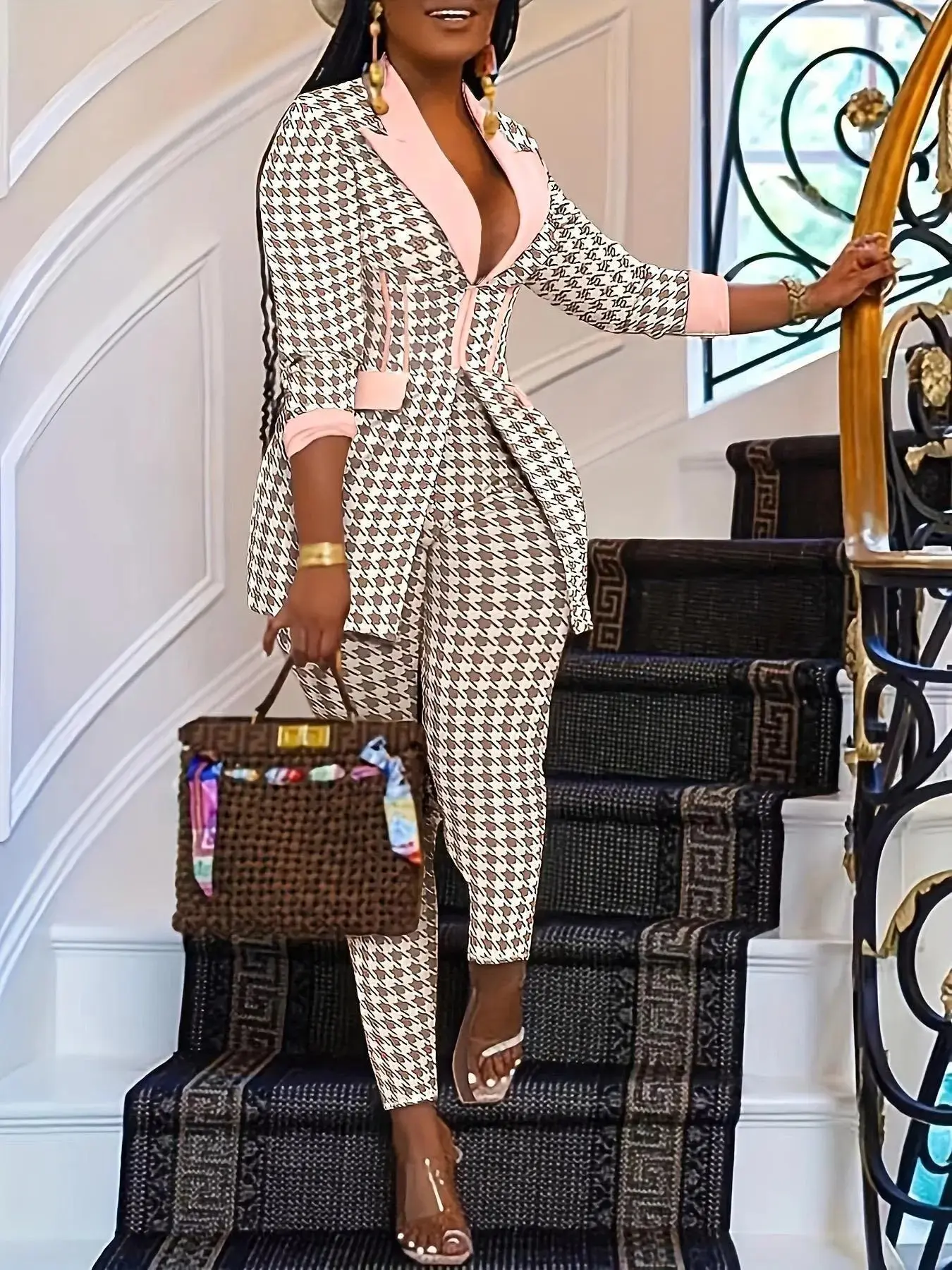 Women's Houndstooth Print Blazer and Skinny Pants Two Piece Set, Elegant Formal Casual Comfy Outfit, All Seasons Daily Outdoor Womenswear