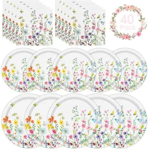 40 Pcs Spring Wildflower Plates and Napkins Sets - Disposable Floral Paper Plates Napkins Dinnerware, Dessert Dinner Plate for Spring Summer Wedding Birthday Party Supplies Table Decorations
