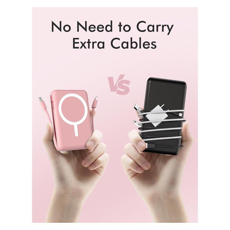 Podoru for MagSafe Battery Pack, 10000mAh Power Bank Built-in USB-C Lighting Cables Wireless Magnetic Portable Charger for iPhone 17/16/15/14/13/12Series