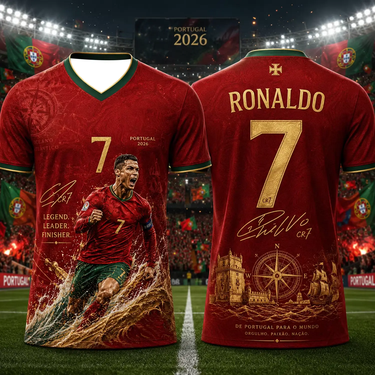 Ronaldo CR7 #7 Soccer Jersey, Red and Green Portuguese Football Shirt, Ronaldo Inspirational Graphic Jersey, Fan Outfits, Soccer Supporter Gift for Men and Women