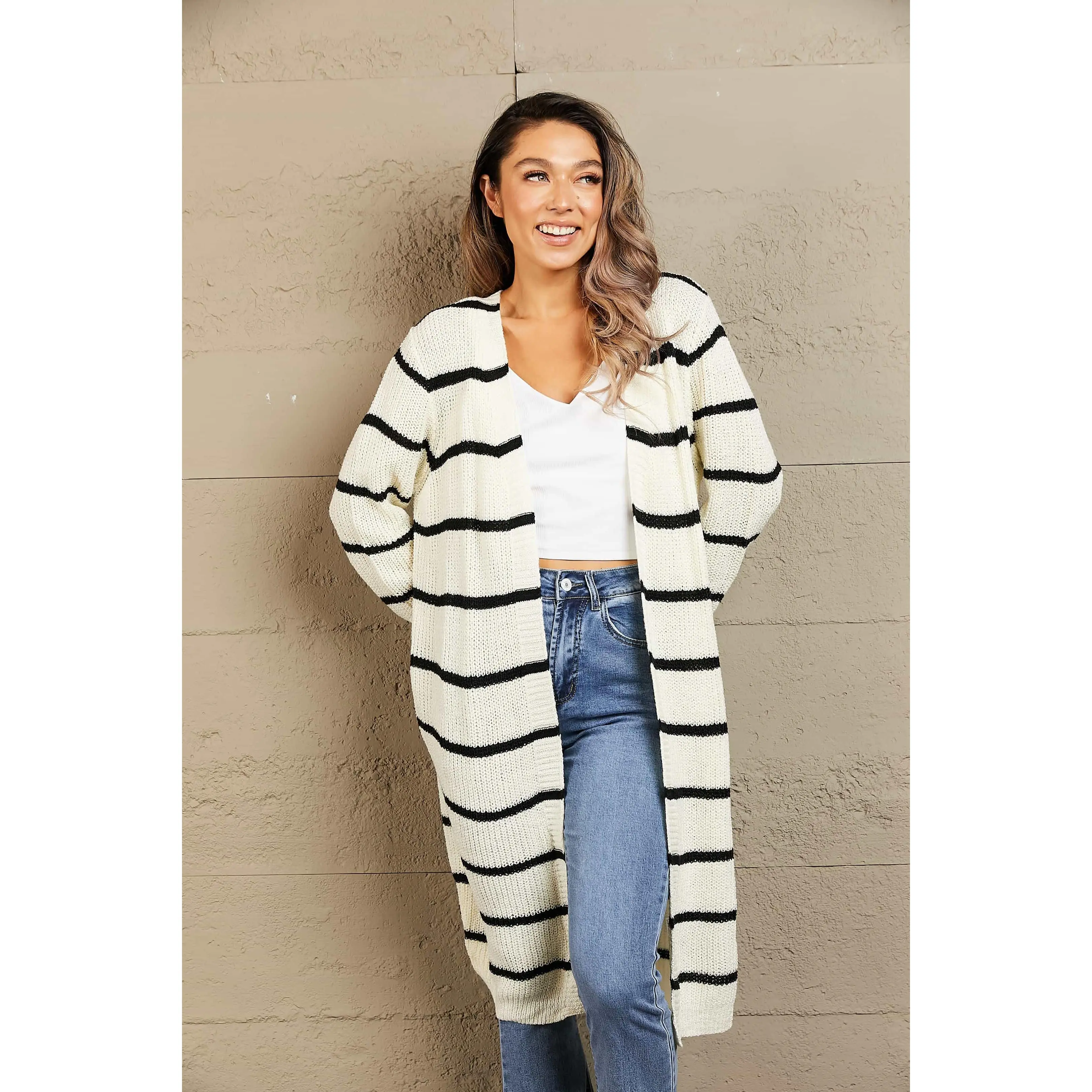 Woven Right Striped Open Front Rib-Knit Duster Cardigan