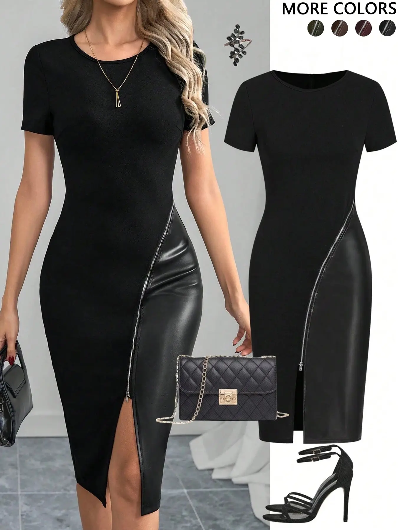 Women's Casual Minimalist Aesthetic Solid Color Short Sleeve PU Leather Patchwork Fitted Dress, Womenswear, Zipper Design, Perfect for Daily Wear, Stylish and Comfortable
