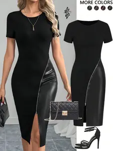 Women's Casual Solid Color Short Sleeve PU Leather Patchwork Fitted Dress, Womenswear, Zipper Design, Perfect for Daily Wear, Stylish and Comfortable