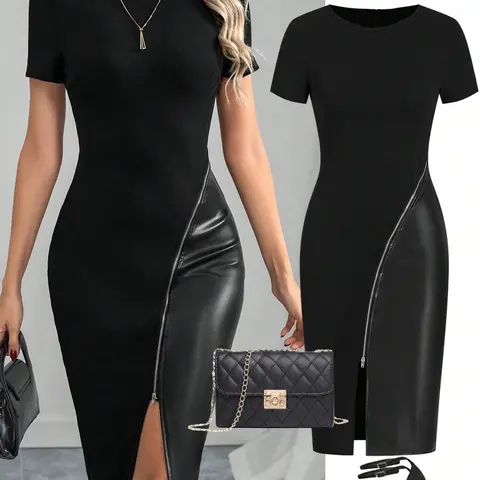 Women's Casual Basic Minimalist Aesthetic Solid Color Short Sleeve PU Leather Patchwork Fitted Dress, Womenswear, Zipper Design, Perfect for Daily Wear, Stylish and Comfortable