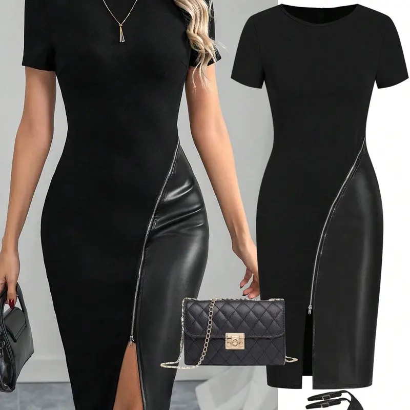 Women's Casual Basic Minimalist Aesthetic Solid Color Short Sleeve PU Leather Patchwork Fitted Dress, Womenswear, Zipper Design, Perfect for Daily Wear, Stylish and Comfortable
