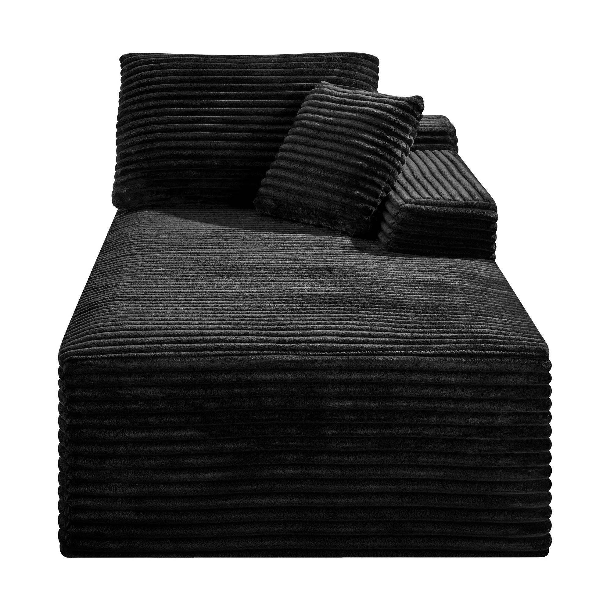 Chaise Lounge Chair Indoor Sleeper Black Corduroy Modular Sofa Couch, Legless Floor-Hugging Armless Accent Chair for Living Room Bedroom, No Assembly Required