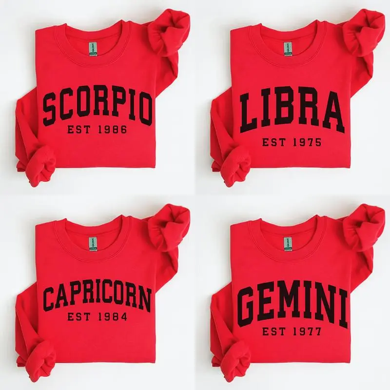 (LEAVE A NOTE OR DM SHOP) Custom Zodiac Sweatshirt - Red, Personalized Year Astrology Pullover, Unisex Crewneck, Cute Horoscope Birthday Gift, Celestial Sign Outfit 2025