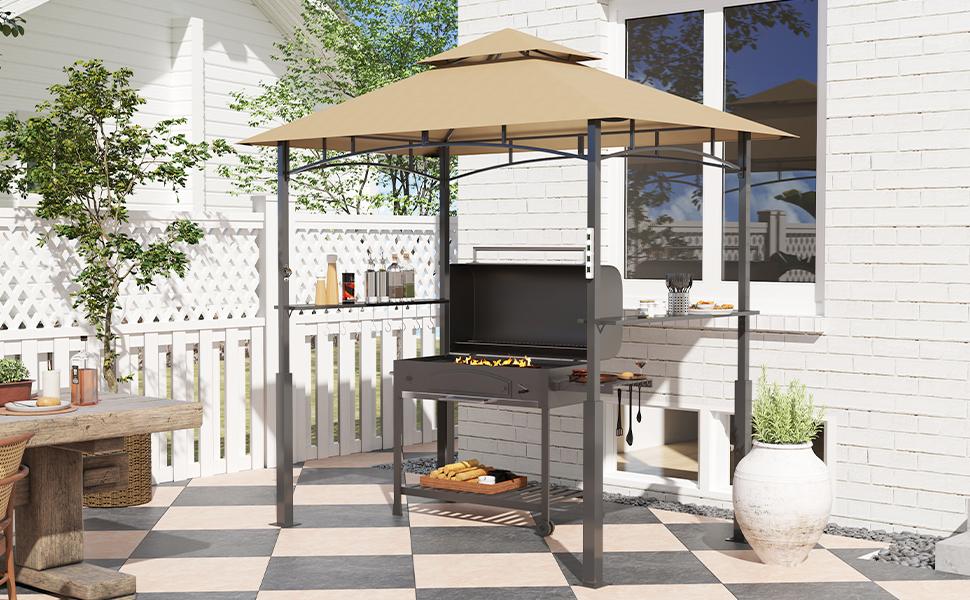 【Grill Gazebo with 8 LED Lights】Outsunny 8' x 5' Grill Gazebo, Double Tiered Outdoor BBQ Gazebo with LED Light, 2 Side Shelves, Hooks and Bottle Opener for Patio Deck Yard, Khaki