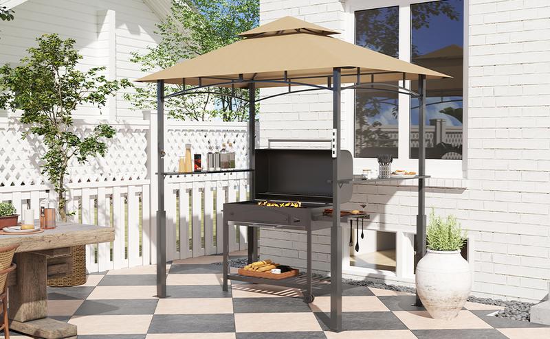 【Grill Gazebo with 8 LED Lights】Outsunny 8' x 5' Grill Gazebo, Double Tiered Outdoor BBQ Gazebo with LED Light, 2 Side Shelves, Hooks and Bottle Opener for Patio Deck Yard, Khaki
