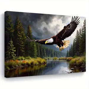 2D Flat, One Piece Eagle Soaring in Pine Forest Canvas Painting - Ready to Hang Wall Art, Majestic Flying Bald Eagle Landscape - Living Room, Bedroom, Office Decoration - Housewarming Gift Home Decor, Modern Home Decor - 11.8x 15.7inch (30x 40cm )