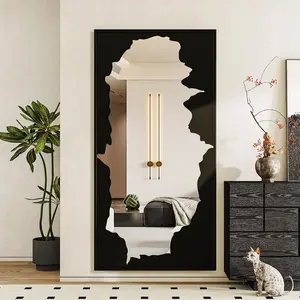 Full-Length Mirror Free Standing Leaning Mirror with Artistic Black Abstract Overlay Deco, 55"x28" Shatterproof Wall-Mounted Mirror,  for Living Room, Bedroom, Cloakroom, and Bathroom Decor
