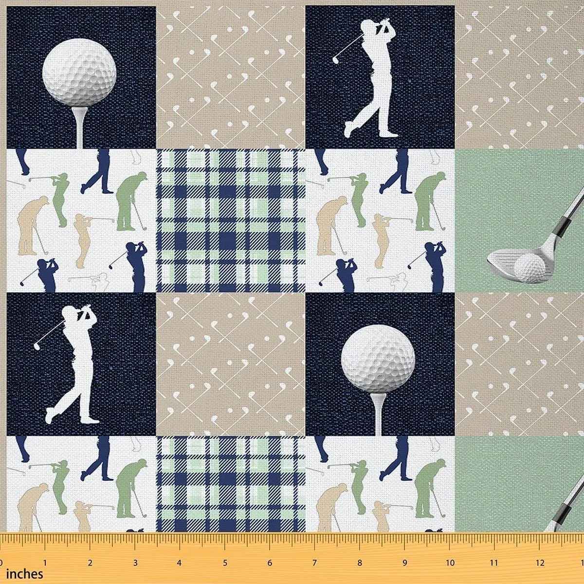 Golf Themed Fabric Watercolor Patchwork Grid Stripes No Stretch Sewing Fabrics Theme Sports Style Players Print Soft Flannel Polyester Fabric DIY Home Accents Pre-Cut
