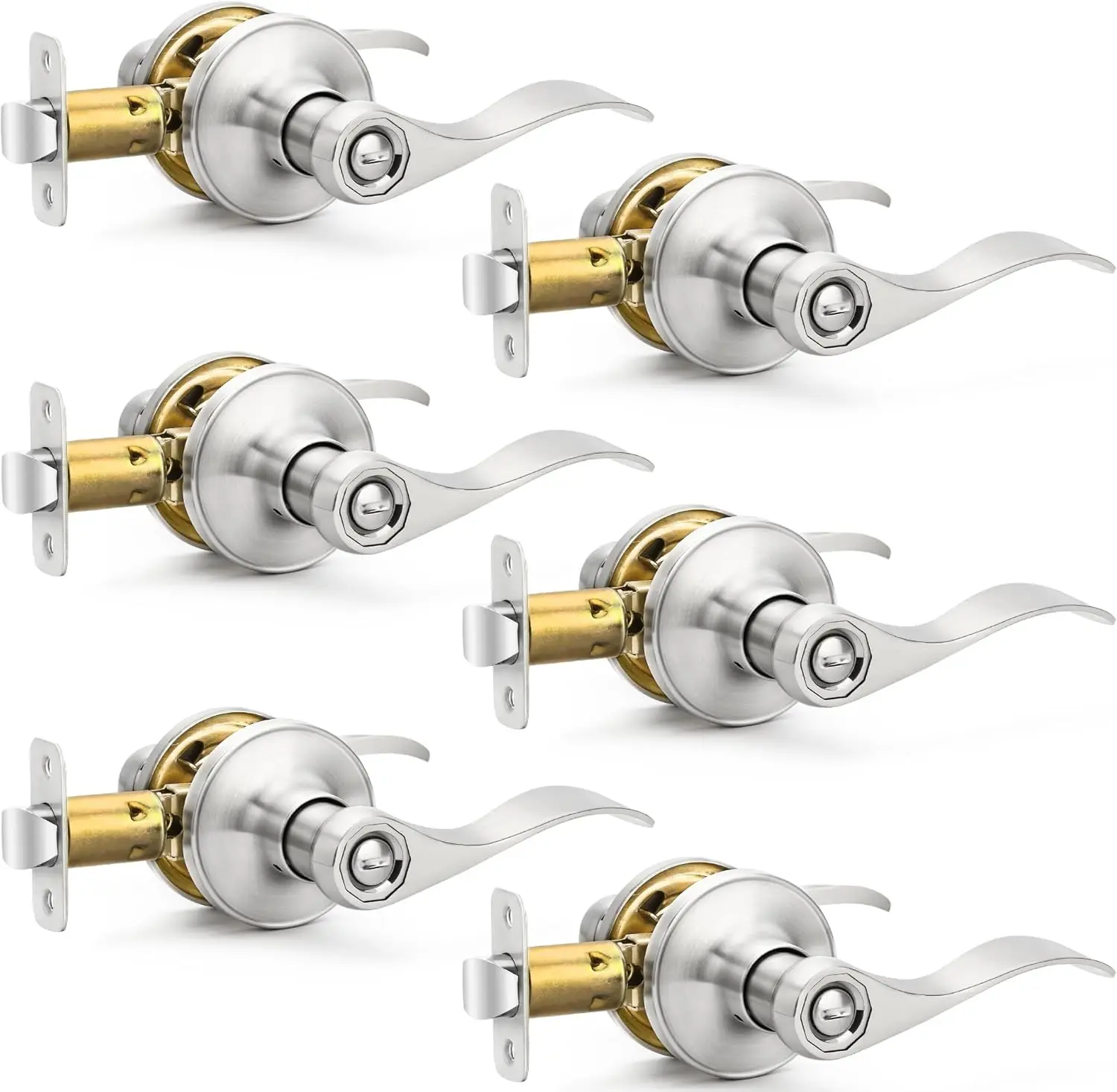 6 Pack Door Handles  Door Levers, Heavy Duty Wave Style Bed/Bath Door Locks Interior Door Knobs, Reversible Levers for Right/Left Handed Doors, Brushed Nickel