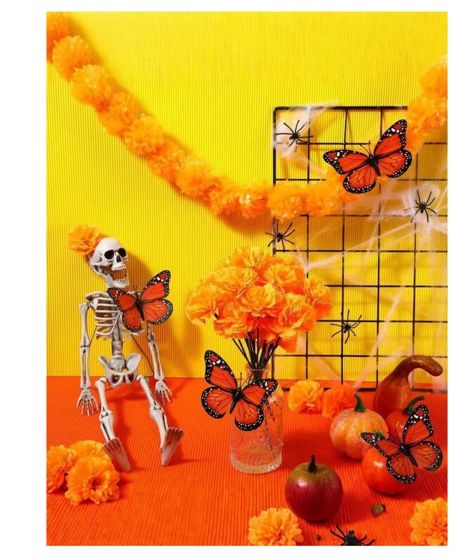 32Pcs Orange Artificial Marigold Butterfly Set Day Of The Dead Faux Flower Halloween Artificial Flower Head Marigold Garland For Diwali Decor, Traditional Decor Decorative Fruit