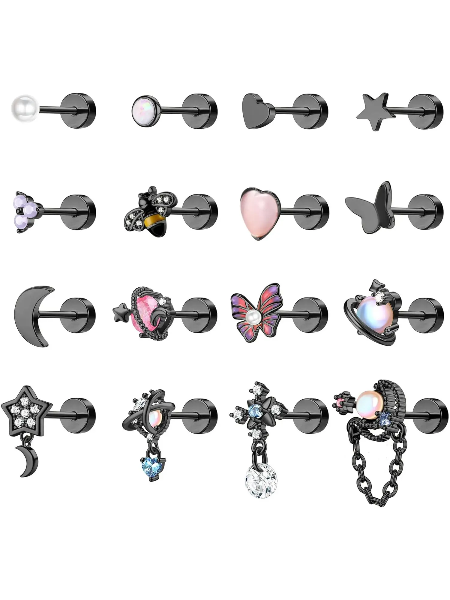 16PCS Small Earrings Set for Women Hypoallergenic Surgical Steel Cartilage Helix Flat Back Earrings Stud Earring Jewelry Pearl Star Moon Silver / Gold Earrings for Women