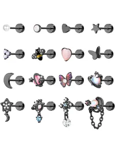 16PCS Small Earrings for Women Hypoallergenic Surgical Steel Cartilage Helix Flat Back Earrings Stud Earring Jewelry Pearl Star Moon Silver / Gold Earrings for Women