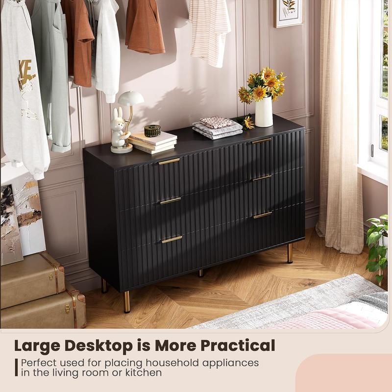 Fluted 6 Drawer Dresser for Bedroom,47.2 in Wide Modern Chest of Drawers with Deep Drawers,Large Double Dresser TV Stand,Wooden Organizer for Living Room,Hallway,Kids Room,Black