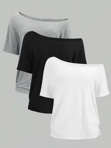 3PCS Plus-Size Women's Fashion Casual Simple Black, White, and Gray Solid Color Off-Shoulder T-Shirt Set