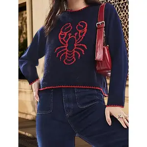 Women’s Y2K Graphic Sweater with Crab/Lobster Pattern, Crew Neck, Long Sleeves – Knit Top