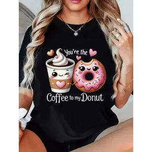 Women's "You're the Coffee to My Donut" Graphic T-Shirt - Cute Coffee & Donut Print with Hearts, Soft Stretch Polyester, Regular Fit Short Sleeve Round Neck Casual Top for Casual Attire, Coffee Tshirt, Leisure Clothing, Durable Fa