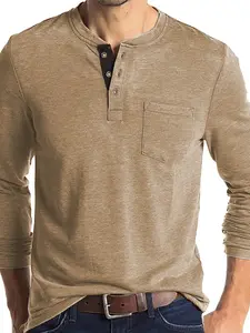 Men's Henry Neck Long Sleeve T-Shirt, Fitted Casual Fashion, Super Soft Breathable Fabric, Button Round Neck, Chest Real Pocket Design, Spring & Fall Clothing, Idea Valentine's Gift for him