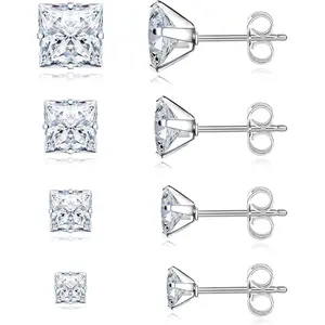 4 Pairs Stainless Steel Earrings Studs for Men Women Square Earrings Hypoallergenic Cubic Zirconia Studs Mens Earrings Princess Cut Lab-Diamond Earrings Piercing Jewelry Set Aretes De Hombre