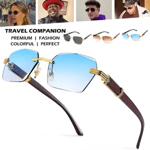 Square Rimless Sunglasses Women Men Fashion Vintage Popular Travel Wooden Sun Glasses Metal Shades vintage trendy sunglass sporty unisex tangle free aviator sunglass summerwins