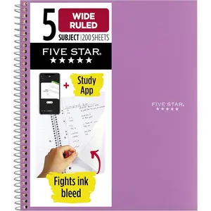 Spiral Notebook + Study App, 5 Subject, Wide Ruled Paper, 8" x 10-1/2", 200 Sheets, Fights Ink Bleed, Water Resistant Cover, Amethyst Purple (38739)