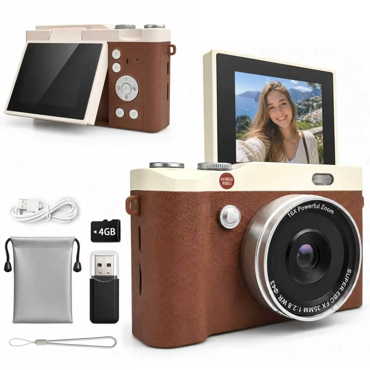Portable Digital Camera with 180° Flip Screen, Compact Camera, Beginner Level, Storage, Ideal for Photos and Videos, Perfect Gift for New Year