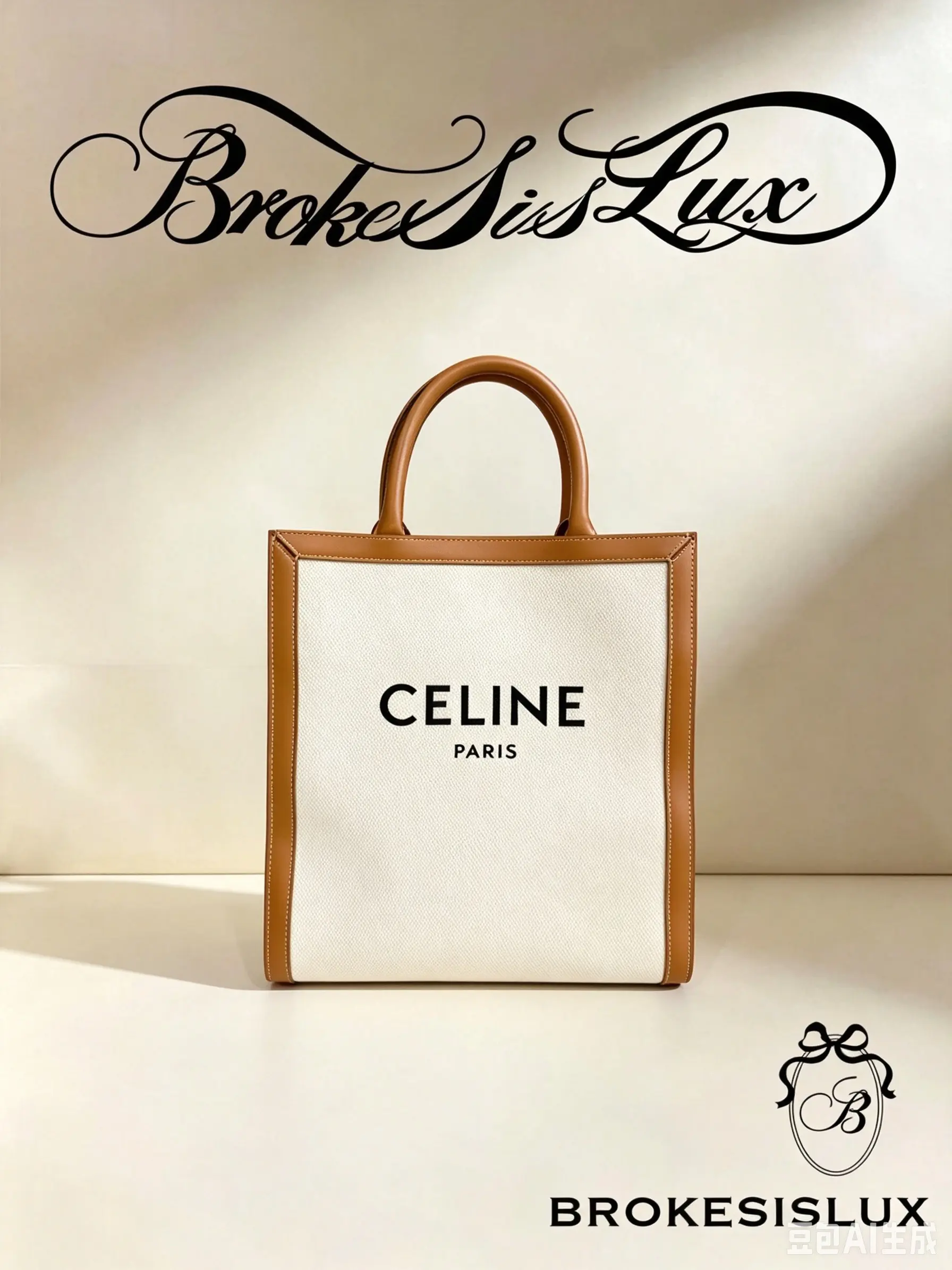 Pre-owned Celine Small Vertical Cabas Tote, Natural Canvas Body, Tan Calfskin Leather Trim & Top Handle, Printed "CELINE PARIS" Front Logo